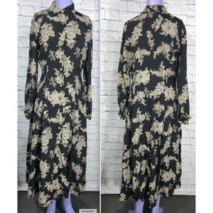 Moda Intl Long Size 6 Six Floral Boho Button Dress Rayon Made in USA Black White
